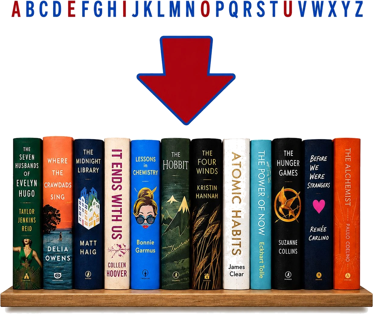 The alphabet above a shelf of novels, showing the path from letters to reading whole books