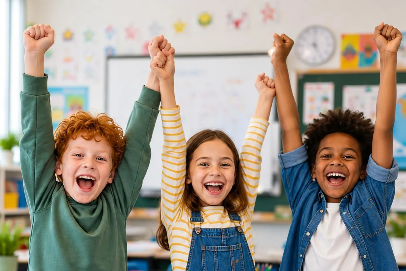 Three students cheering in a classroom after a Ten Minute Tutor lesson