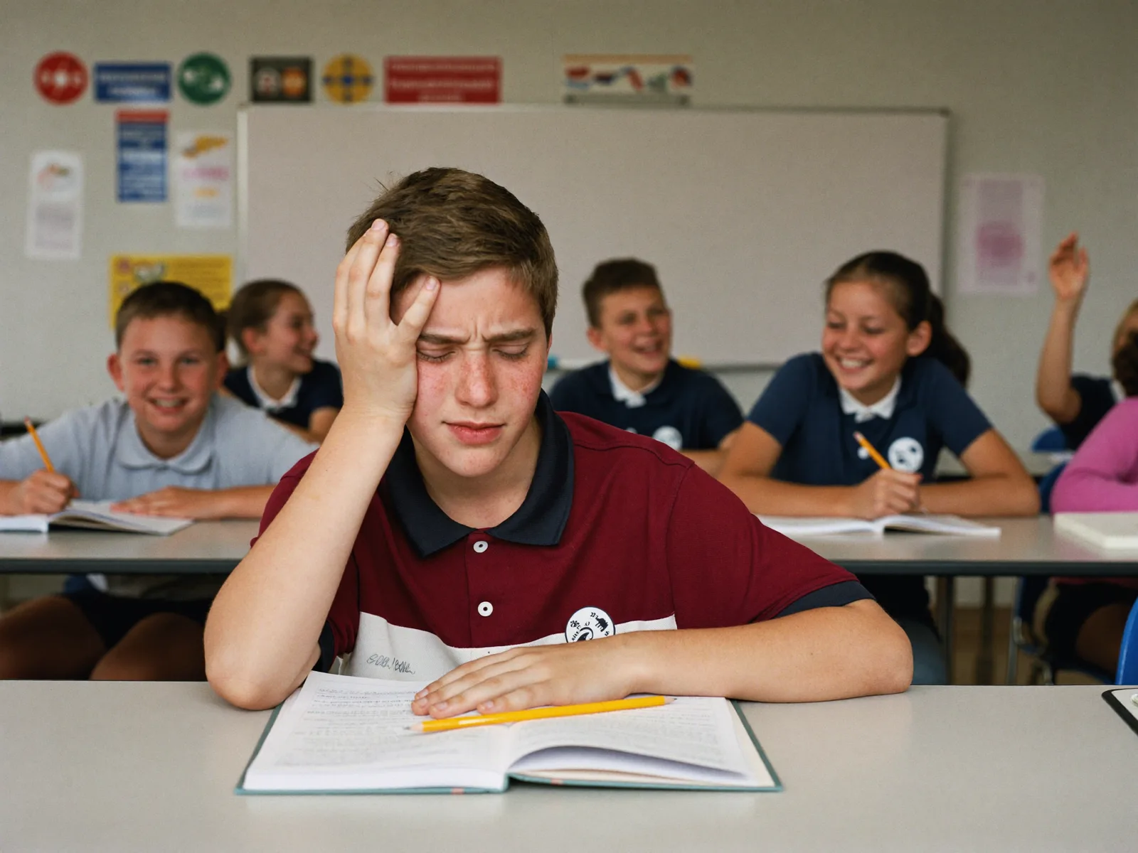 A boy at his desk with his head in his hand, stuck on the page, while the class behind him works on easily