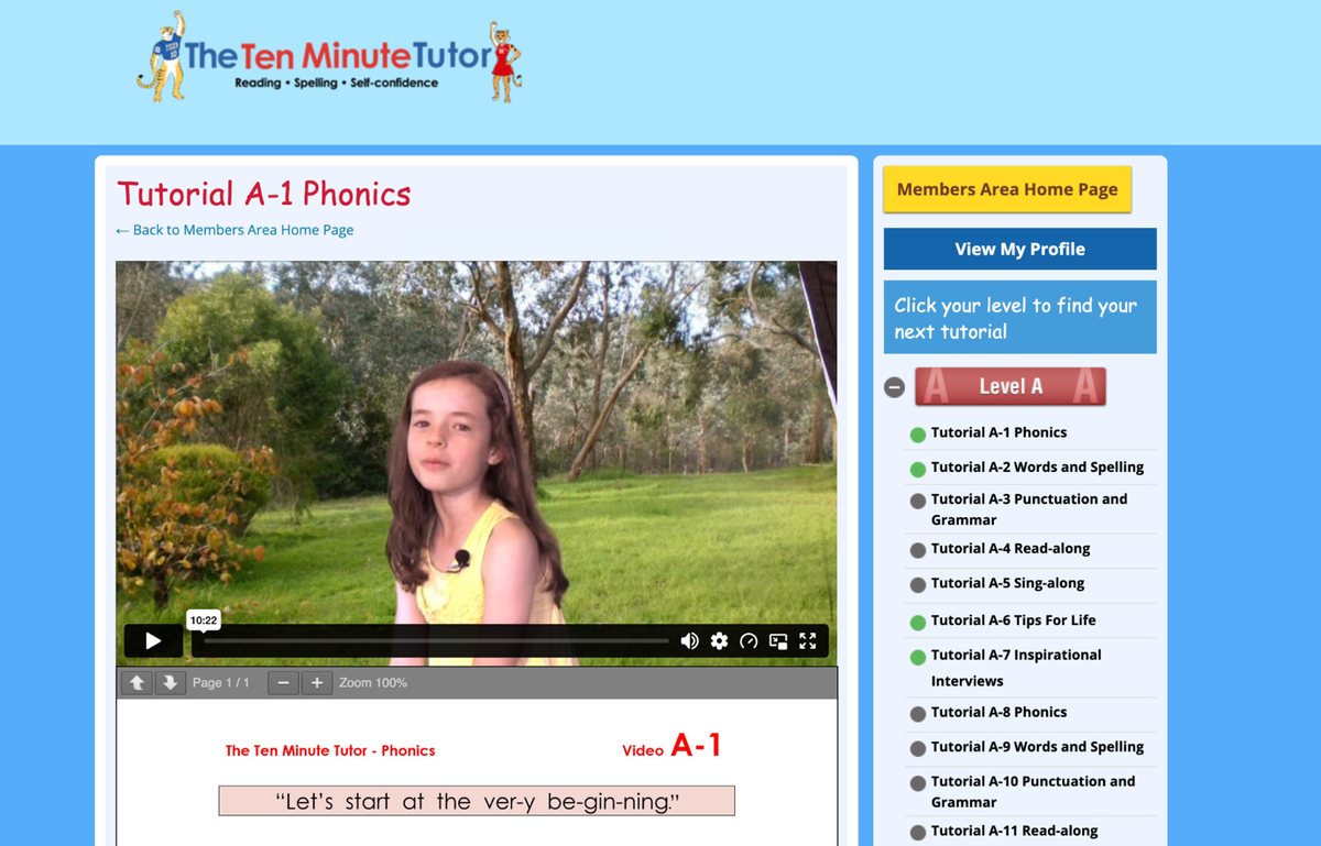 A Ten Minute Tutor phonics lesson playing in the computer program, with the level list beside it